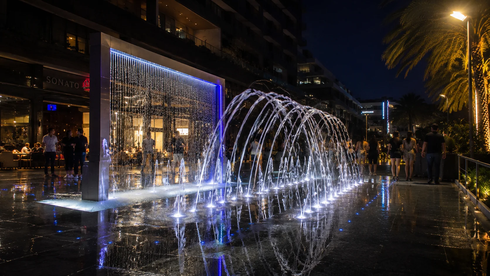 Fuentes especializadas con efectos de agua cortinas jumping jets y chorros laminares