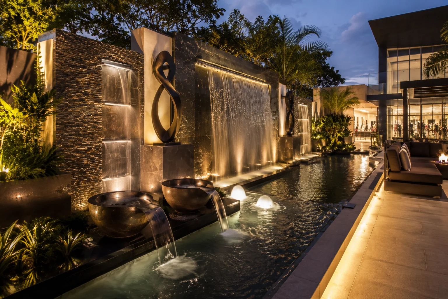 Fuente arquitectónica decorativa integrada al paisaje