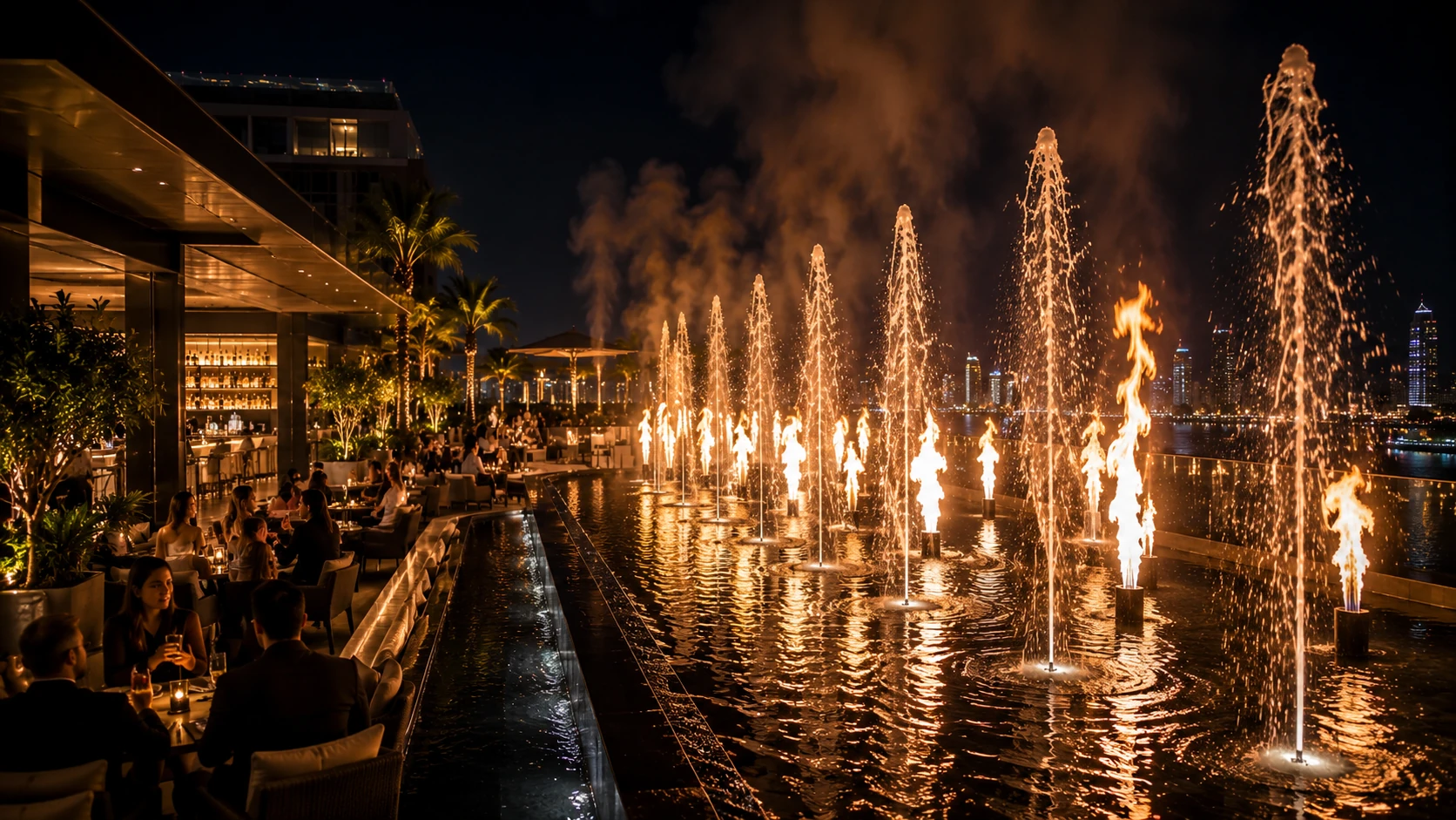 Fuentes con fuego y agua sincronizada para hoteles rooftops y restaurantes premium