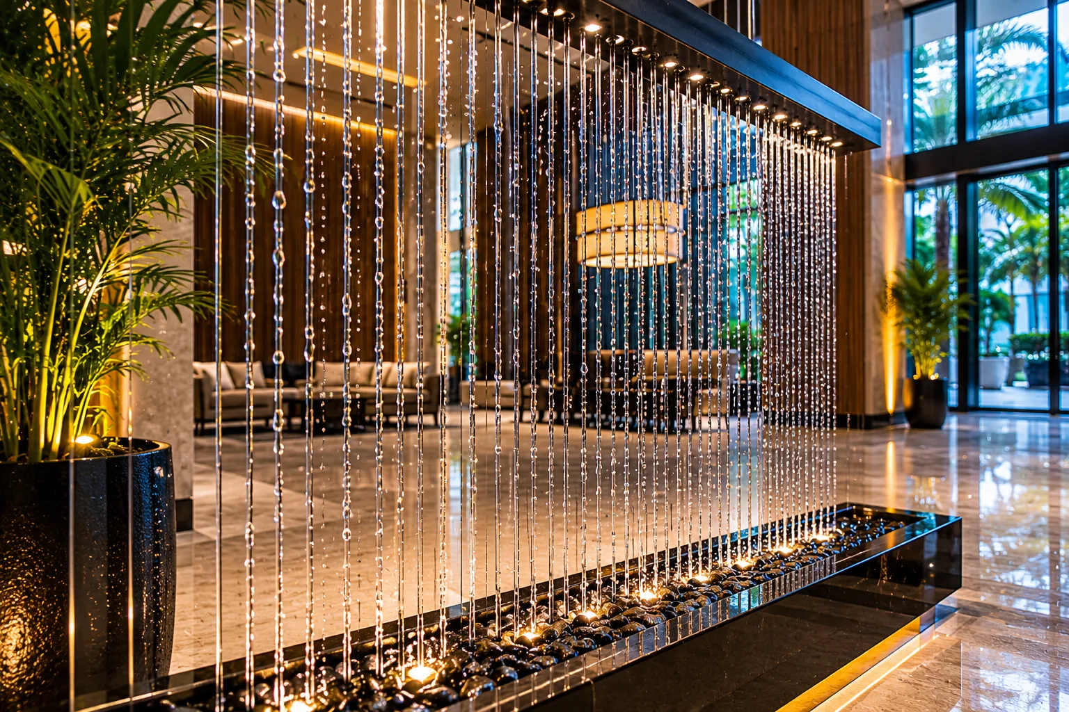 Fuentes interiores premium muros de agua rain curtains y bubble walls para lobbies corporativos
