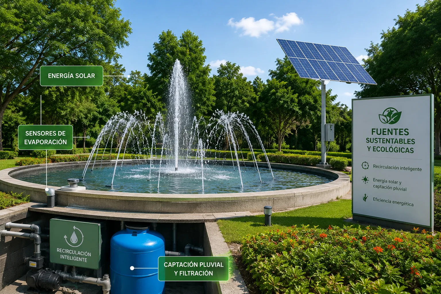 Fuentes sustentables ecológicas con energía solar recuperación pluvial y recirculación inteligente